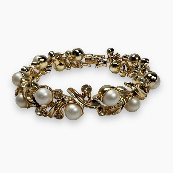 Sarah Coventry Royal Ballet Bracelet Rhinestones Faux Pearl Gold Tone Links Vtg - Picture 3 of 7
